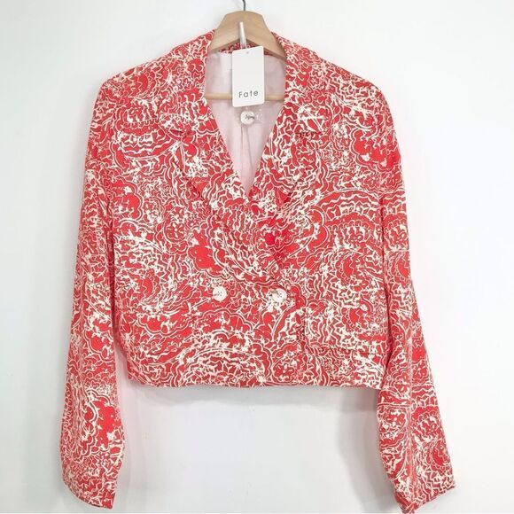 FATE Red Orange Linen Cotton Floral Print Cropped V Neck Spring Blazer NEW - Picture 3 of 16